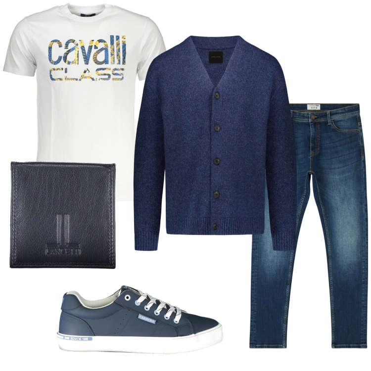 Outfit uomo - Total look #2010746. Stile Casual per Tutti i giorni. Abbinamento con jeans skinny, cardigans, portamonete, sneakers, t-shirt.