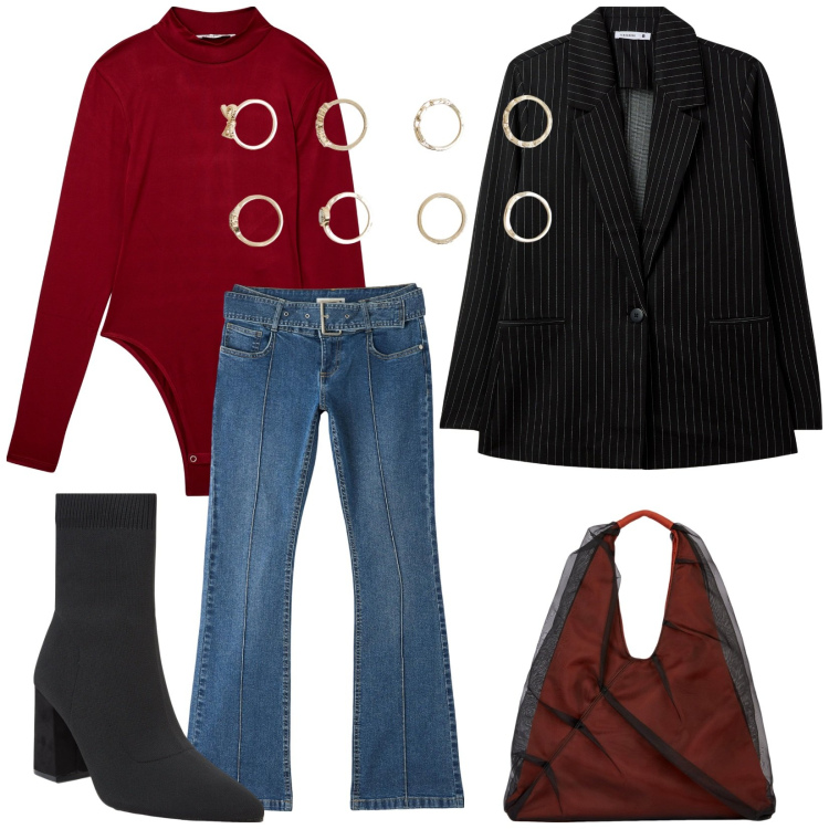 Outfit donna - Total look #2010747. Stile Casual chic per Tutti i giorni. Abbinamento con blazer, jeans a zampa, body, stivaletti, anelli, shopping bag.