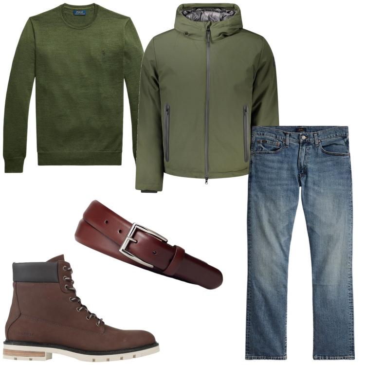Outfit uomo - Dettagli verde bottiglia. Stile Urban per Tutti i giorni. Abbinamento con stivali e stivaletti, cinture, jeans dritti, maglieria, giacche.