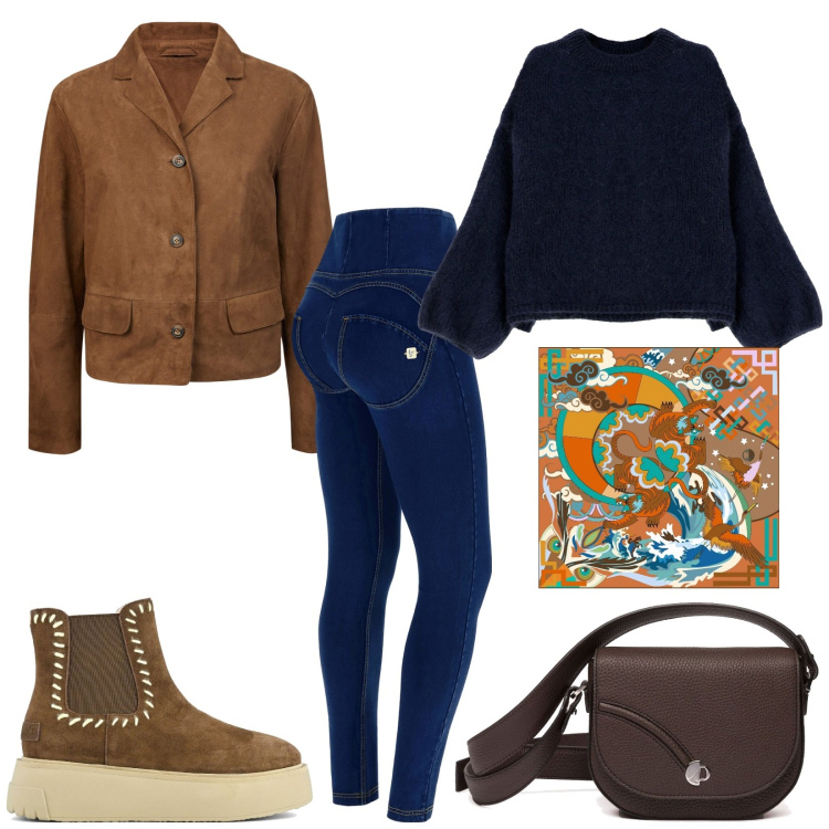 Outfit donna - Cena tra amiche. Stile Basic per Serata fuori. Abbinamento con pullovers, jeggings, stivaletti, borse a tracolla, blazer, foulard.