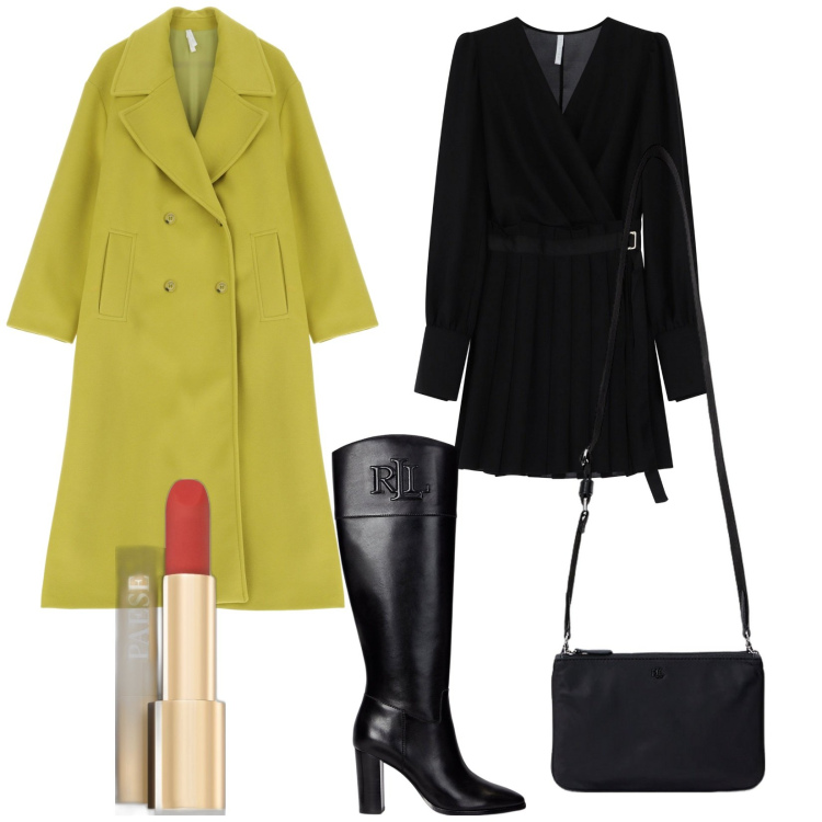 Outfit donna - Mio amato cappotto. Stile Sexy per Serata fuori. Abbinamento con rossetti, vestiti corti, cappotti, stivali, borse a tracolla.