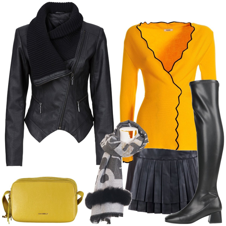 Outfit donna - Pelle. Stile Rock per Serata fuori. Abbinamento con stivali sopra il ginocchio, blazer, cardigans, gonne, sciarpe, borse a tracolla.