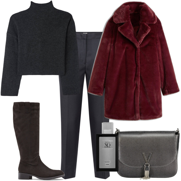 Outfit donna - Total look #2010776. Stile Casual per Ufficio. Abbinamento con stivali, ecopellicce, profumi, maglieria, pantaloni, borse a spalla.