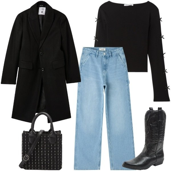 Outfit donna - Terranova look city. Stile Urban per Tutti i giorni. Abbinamento con t-shirt, jeans, shopping bag, cappotti, stivali.