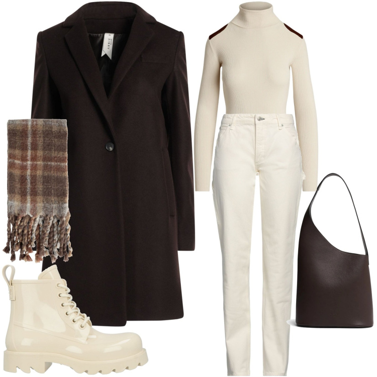 Outfit donna - Cappotto elegante marrone scuro. Stile Casual per Scuola/Università. Abbinamento con cappotti, sciarpe, stivaletti, pantaloni, maglieria, borse tote.