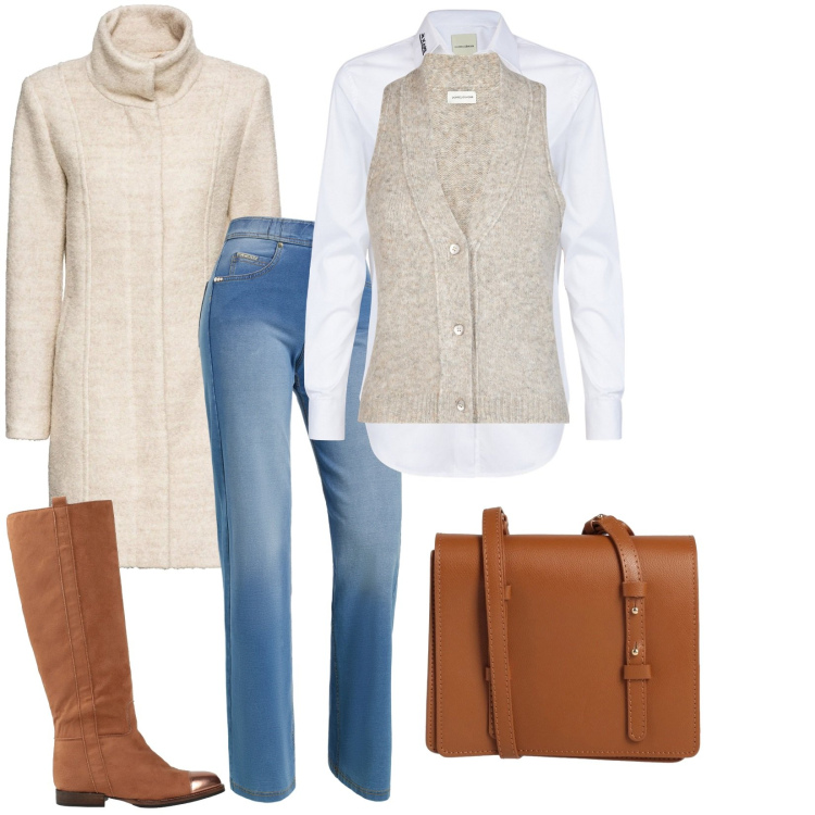 Outfit donna - Total look #2010784. Stile Casual per Tutti i giorni. Abbinamento con cappotti, borse a tracolla, stivali, jeans, camicie, maglieria.