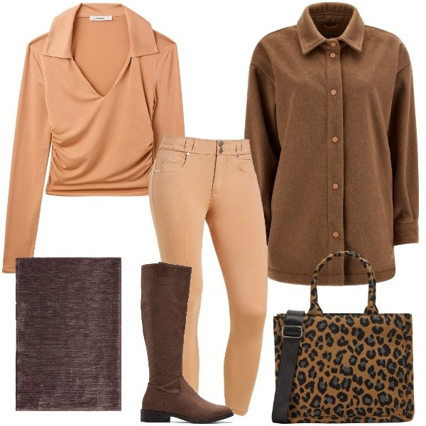 Outfit donna - Cappotto caldo e casual. Stile Casual chic per Ufficio. Abbinamento con stivali, shopping bag, polo, cappotti, pantaloni skinny, stole.
