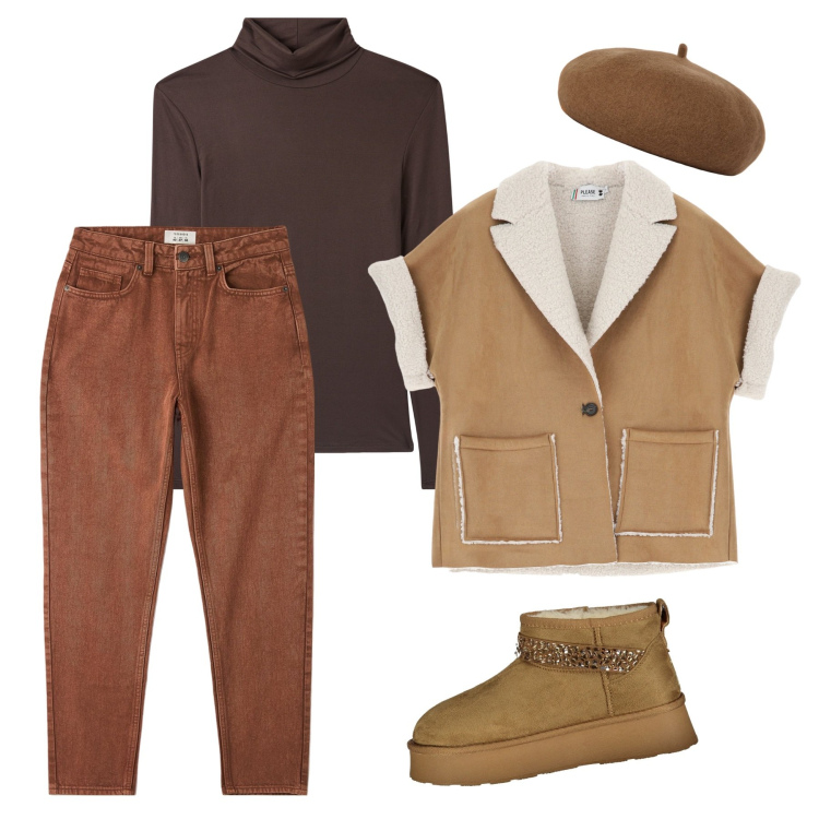 Outfit donna - Tante sfumature di marrone. Stile Trendy per Tutti i giorni. Abbinamento con maglieria, jeans mom, blazer, cappelli e berretti, stivali.