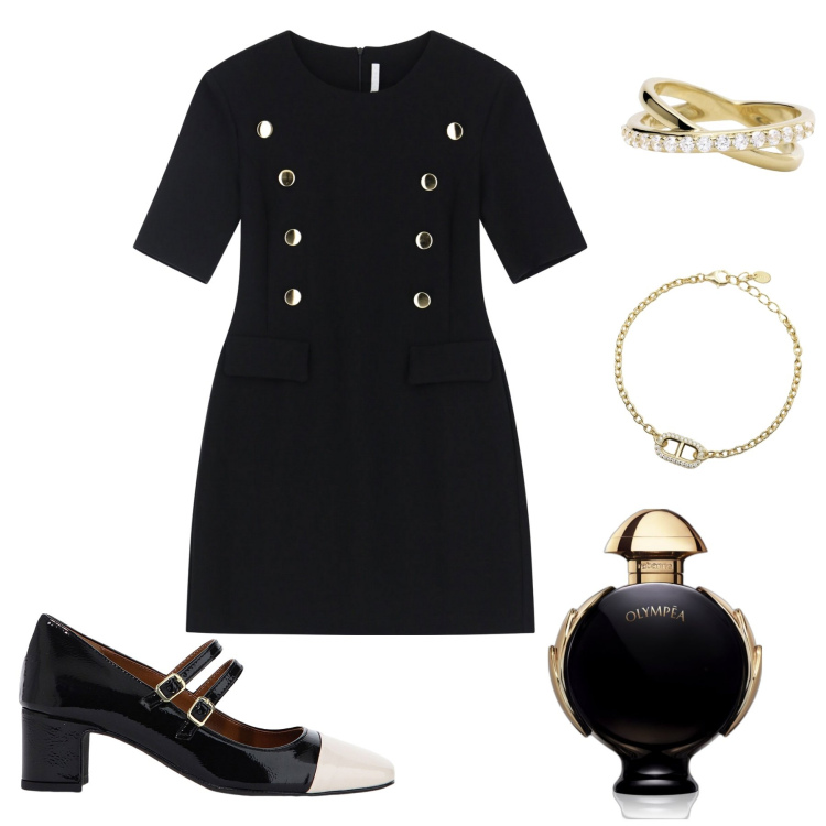 Outfit donna - Total black. Stile Casual chic per Ufficio. look ideale per Petite. Abbinamento con profumi, braccialetti, anelli, vestiti corti, décolleté.