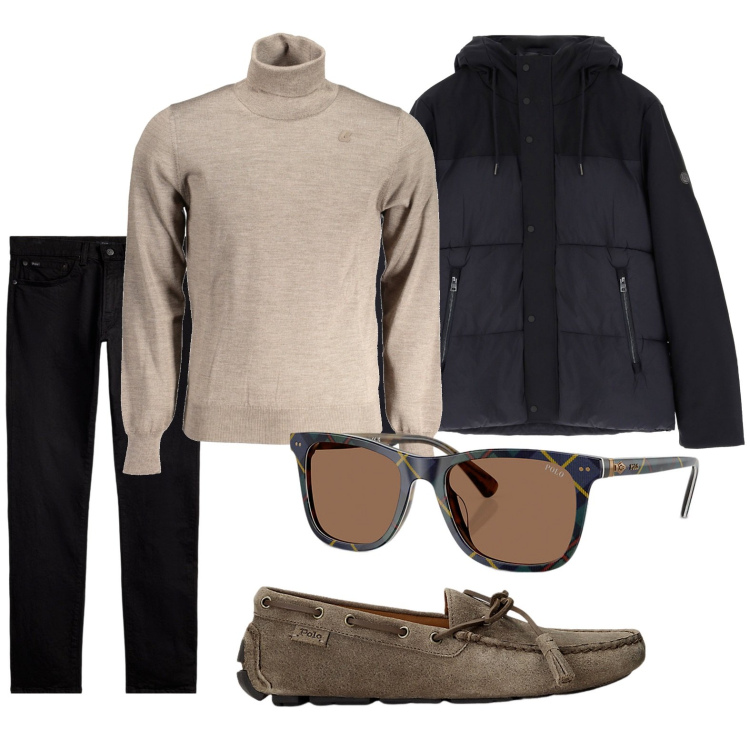 Outfit uomo - Look da giorno. Stile Urban per Ufficio. Abbinamento con piumini, scarpe stringate, jeans, occhiali da sole, maglieria.