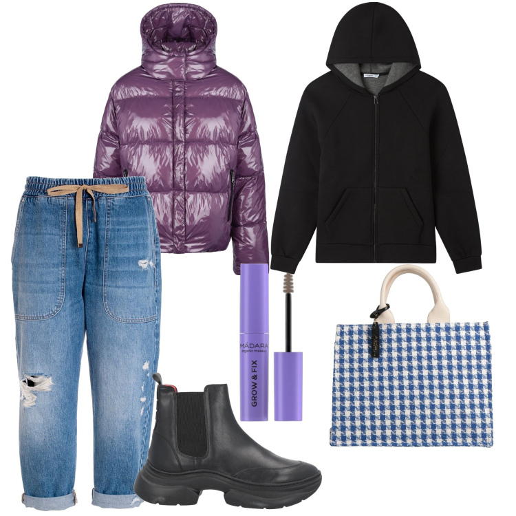 Outfit donna - A spasso per la città d arte. Stile Casual chic per Tutti i giorni. Abbinamento con stivaletti, borse a mano, mascara, felpe con cappuccio, pantaloni, blazer.