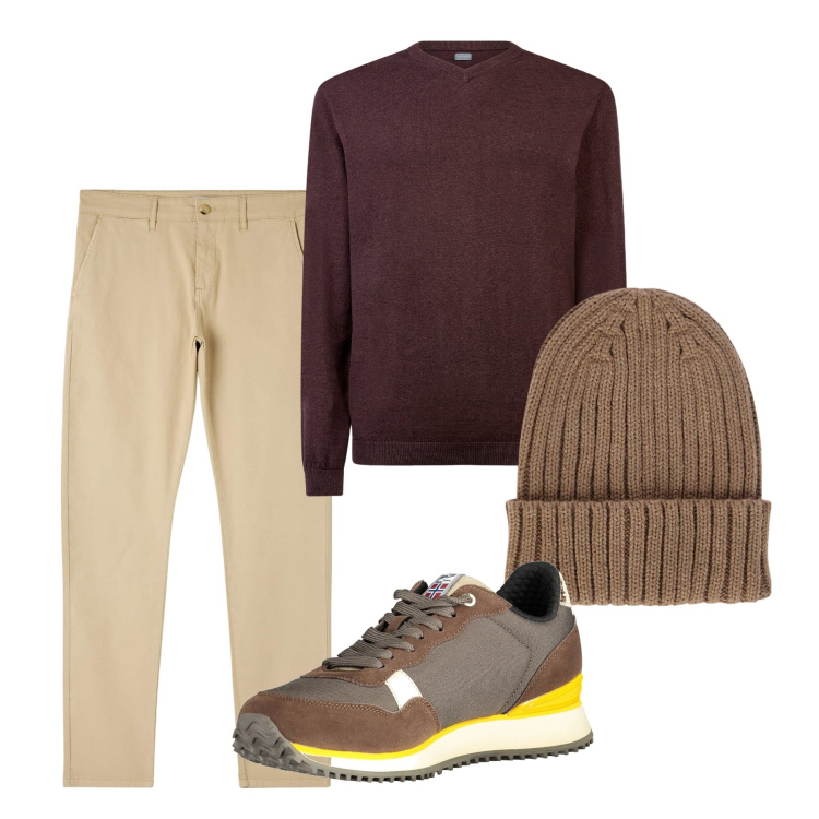 Outfit uomo - Easy look. Stile Casual per Tutti i giorni. Abbinamento con pantaloni chino, berretti, maglieria, sneakers.