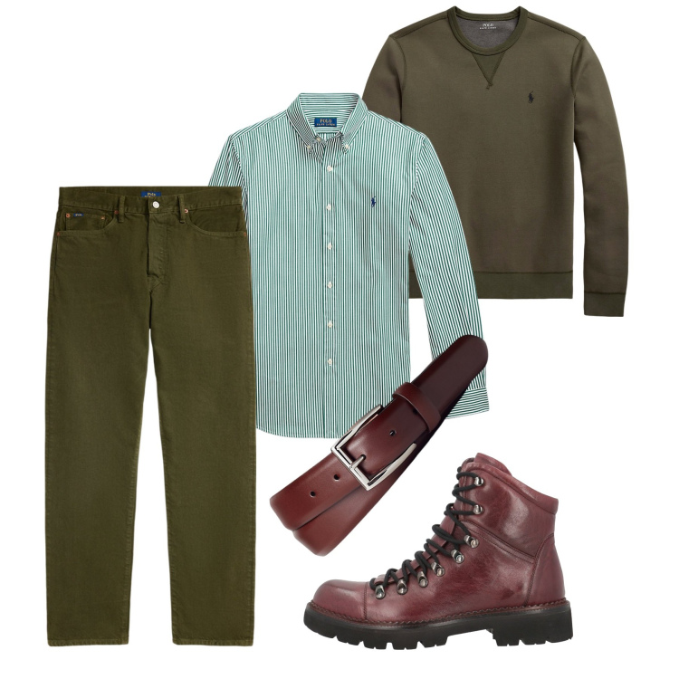 Outfit uomo - Giorni verde muschio. Stile Casual per Tutti i giorni. Abbinamento con anfibi, cinture, felpe, camicie, jeans dritti.