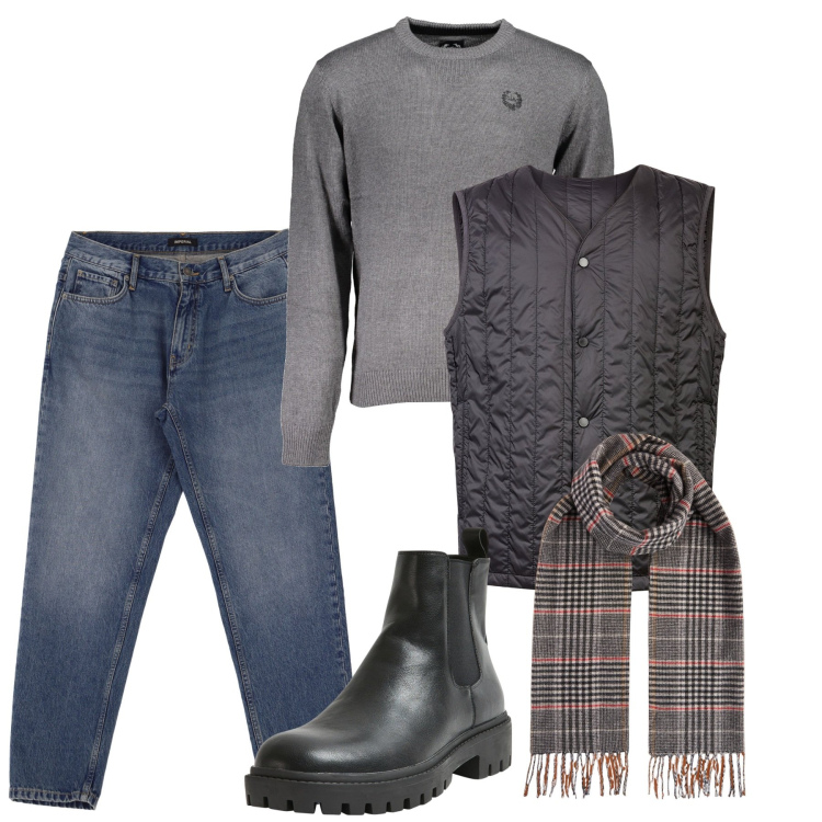 Outfit uomo - Grey day. Stile Casual per Tutti i giorni. Abbinamento con stivali e stivaletti, jeans, piumini, maglieria, sciarpe.