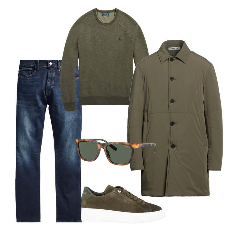 Outfit uomo - Winter sunny day. Stile Casual per Tutti i giorni. Abbinamento con trench, sneakers, jeans, occhiali da sole, maglieria.