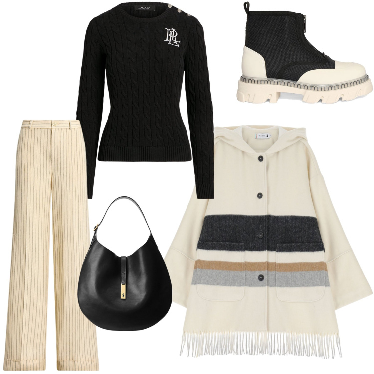 Outfit donna - Total look. Stile Trendy per Tutti i giorni. Abbinamento con cappotti, borse a spalla, maglieria, pantaloni, stivaletti.