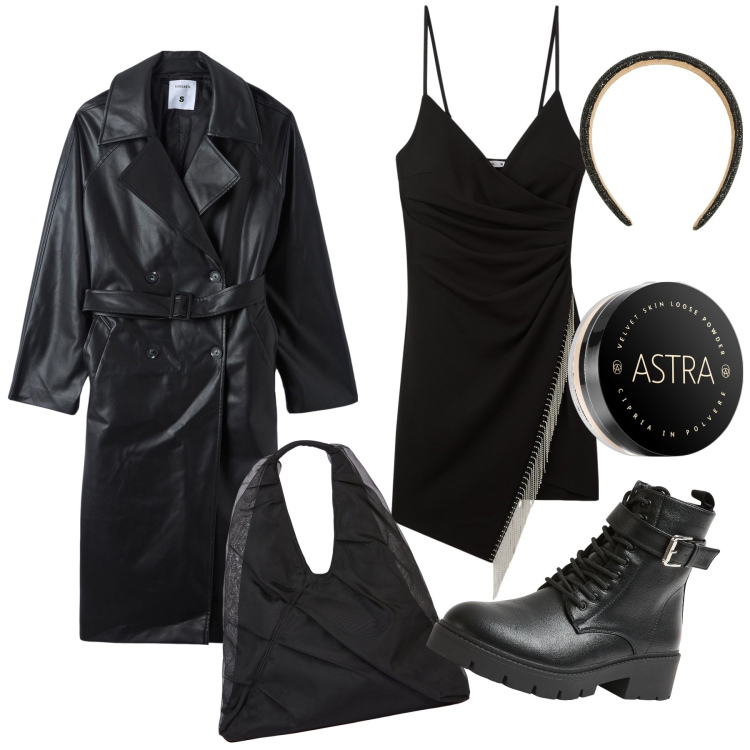Outfit donna - Serata rock chic. Stile Rock per Serata fuori. Abbinamento con ciprie, vestiti corti, anfibi, trench, cerchietti, shopping bag.