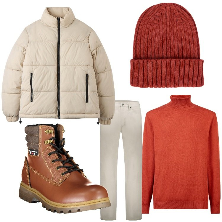 Outfit uomo - Arancia bruciata. Stile Casual per Tutti i giorni. Abbinamento con piumini, pantaloni, maglieria, berretti, stivali.