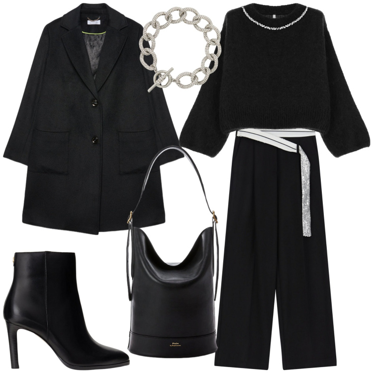 Outfit donna - Mio Amat cappotto Total black. Stile Chic per Tutti i giorni. Abbinamento con maglieria, pantaloni a palazzo, borse a secchiello, stivaletti, braccialetti, cappotti.