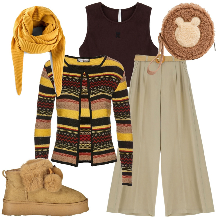 Outfit donna - Total look #2010851. Stile Casual per Tutti i giorni. Abbinamento con foulard, cardigans, portafogli, pantaloni a palazzo, canottiere, stivali.