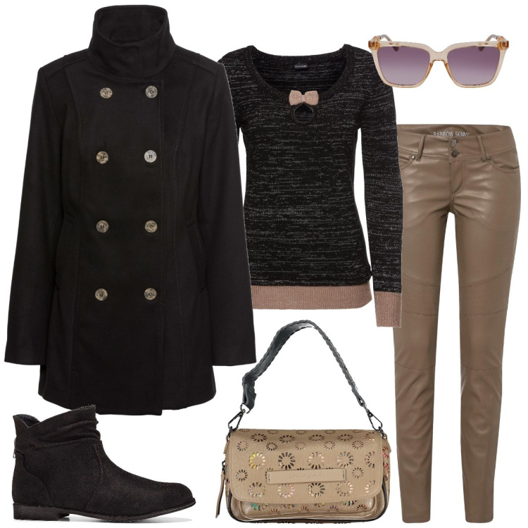Outfit donna - Pelle. Stile Casual per Tutti i giorni. Abbinamento con maglieria, stivaletti, caban, pantaloni, occhiali da sole, borse a spalla.