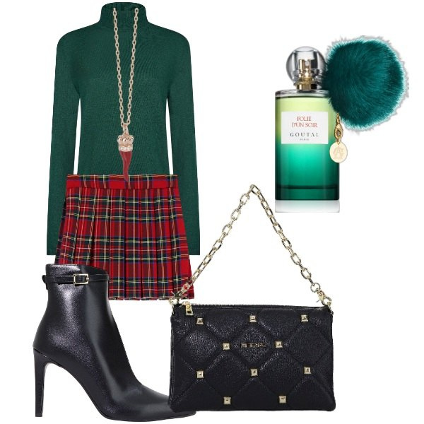 Outfit donna - la gonna tartan. Stile Preppy per Serata fuori. Abbinamento con profumi, collane, gonne, stivaletti, borse a spalla, maglieria.