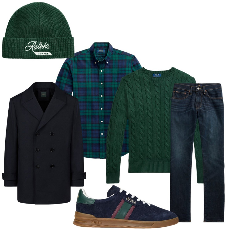 Outfit uomo - In città. Stile Trendy per Tutti i giorni. Abbinamento con maglieria, jeans skinny, camicie, sneakers, berretti, caban.