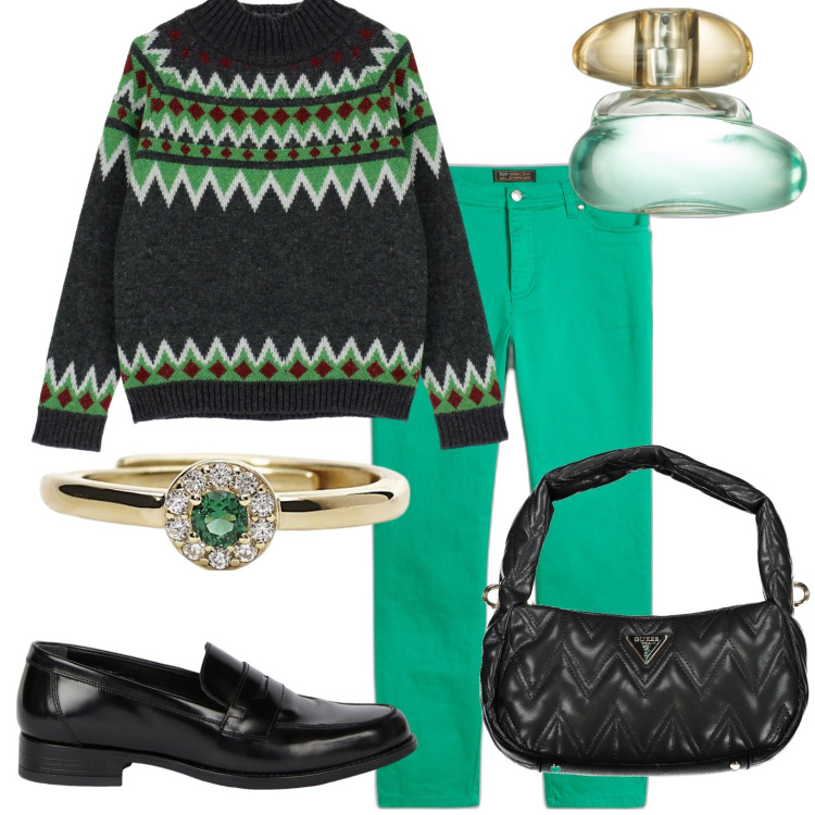 Outfit donna - Total look #2010857. Stile Casual per Tutti i giorni. Abbinamento con pantaloni, profumi, anelli, maglieria, mocassini, borse a spalla.
