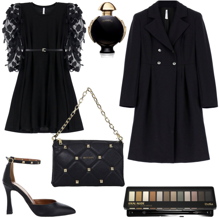 Outfit donna - Cena con le amiche. Stile Chic per Serata fuori. Abbinamento con ombretti, profumi, vestiti, cappotti, borse a spalla, décolleté.
