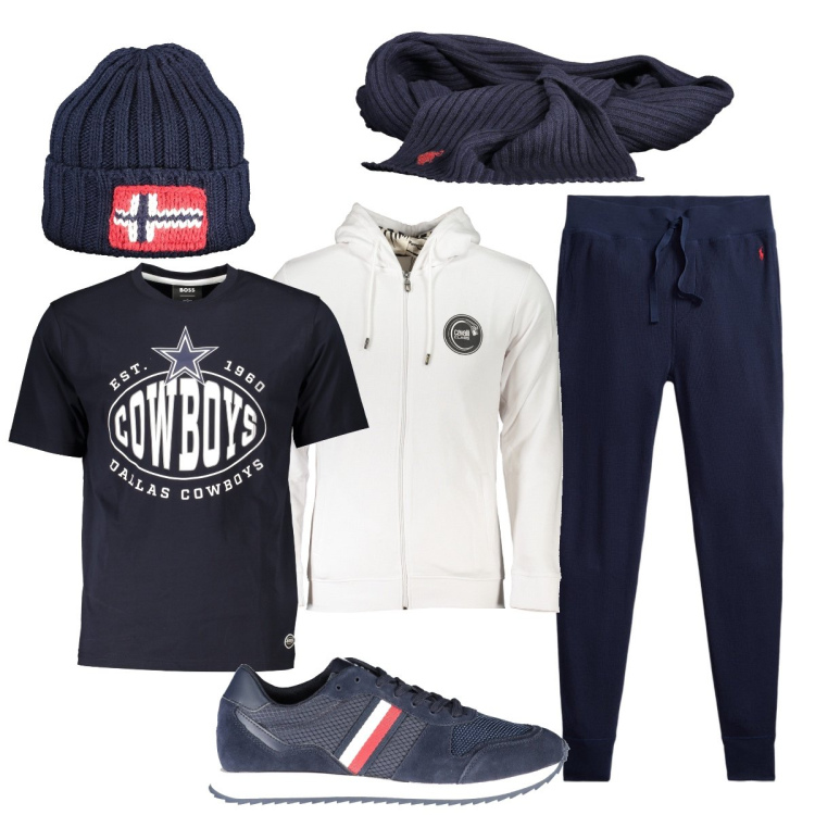 Outfit uomo - Domenica in libertà. Stile Casual per Tutti i giorni. Abbinamento con pantaloni, felpe con cappuccio, sciarpe, sneakers, t-shirt, berretti.