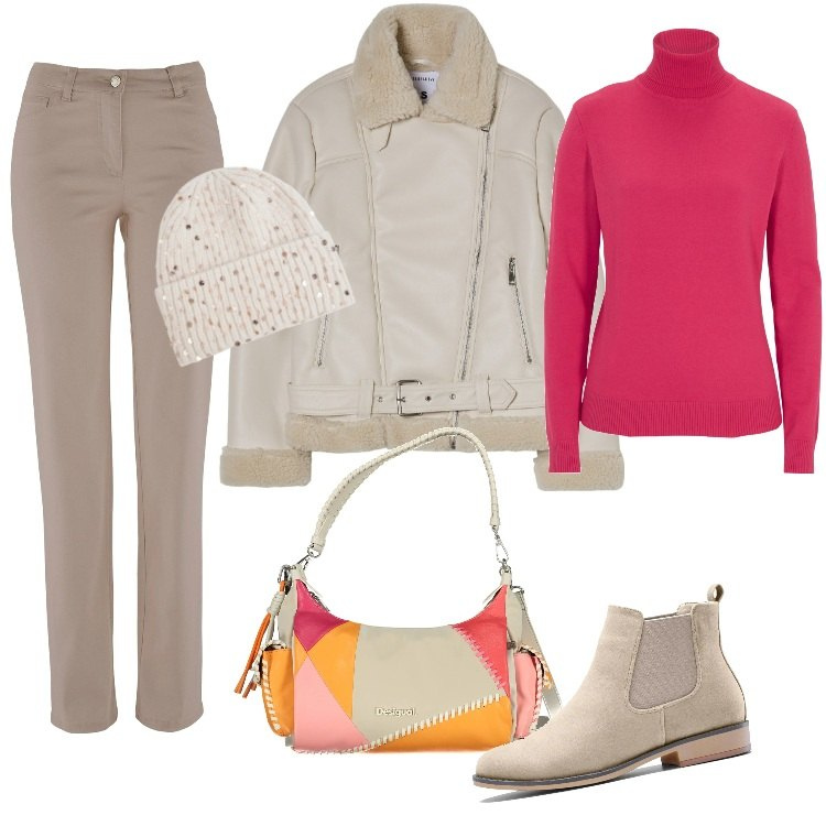 Outfit donna - Total look #2010866-2. Stile Casual per Tutti i giorni. Abbinamento con stivaletti chelsea, pantaloni, maglieria, blazer, berretti, borse a spalla.