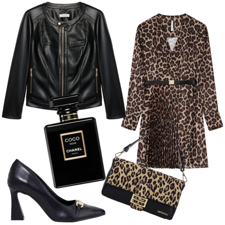 Outfit donna - Maculato. Stile Glamour per Serata fuori. look ideale per Tall. Abbinamento con profumi, vestiti, stivaletti, borse a spalla, blazer.