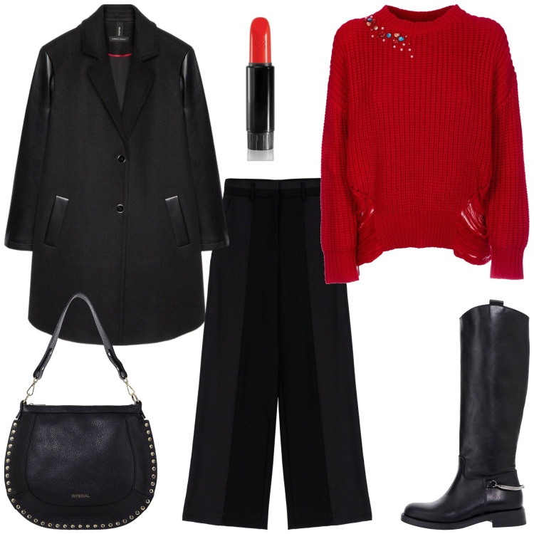 Outfit donna - La cena con le amiche. Stile Minimal per Tutti i giorni. Abbinamento con rossetti, maglieria, pantaloni, stivali, borse a spalla, cappotti.