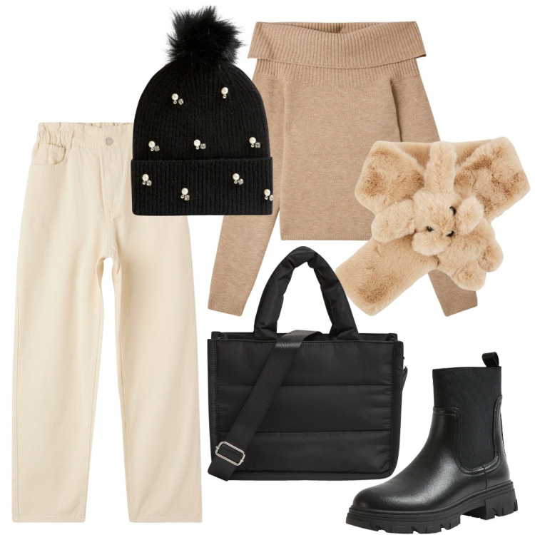 Outfit donna - Voglia di tenerezza. Stile Trendy per Scuola/Università. Abbinamento con pantaloni, maglieria, stivaletti chelsea, sciarpe, shopping bag, berretti.