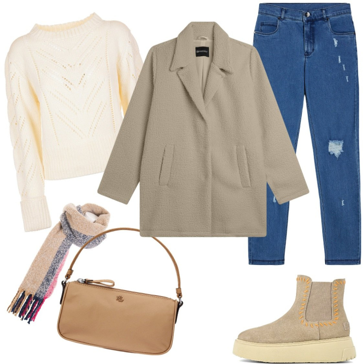 Outfit donna - Sempre di corsa. Stile Casual per Tutti i giorni. Abbinamento con maglieria, sciarpe, jeans skinny, cappotti, pochette, stivaletti.