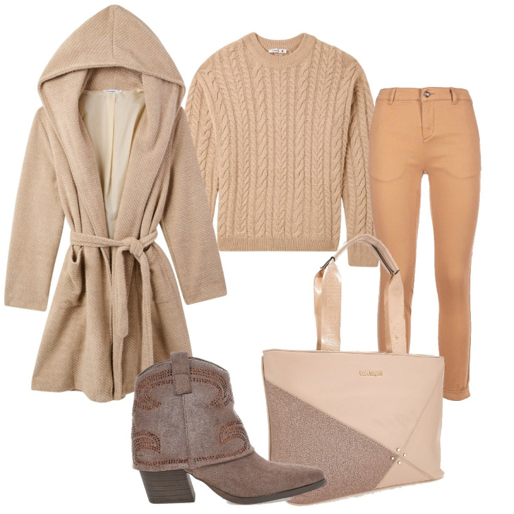 Outfit donna - Beige e marrone - black month. Stile Casual chic per Tutti i giorni. Abbinamento con maglieria, cappotti, pantaloni, stivaletti texani, borse a spalla.