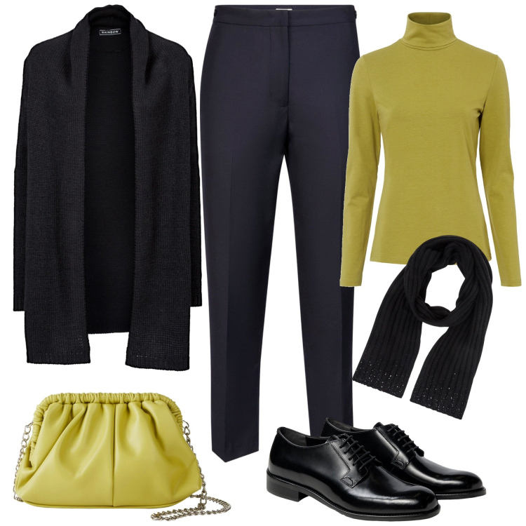 Outfit donna - At work. Stile Minimal per Ufficio. Abbinamento con cardigans, maglieria, borse a tracolla, sciarpe, pantaloni, scarpe stringate.