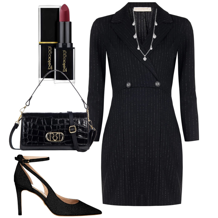 Outfit donna - Abito gessato Lurex. Stile Chic per Serata fuori. Abbinamento con rossetti, collane, vestiti a tubino, décolleté, borse a tracolla.