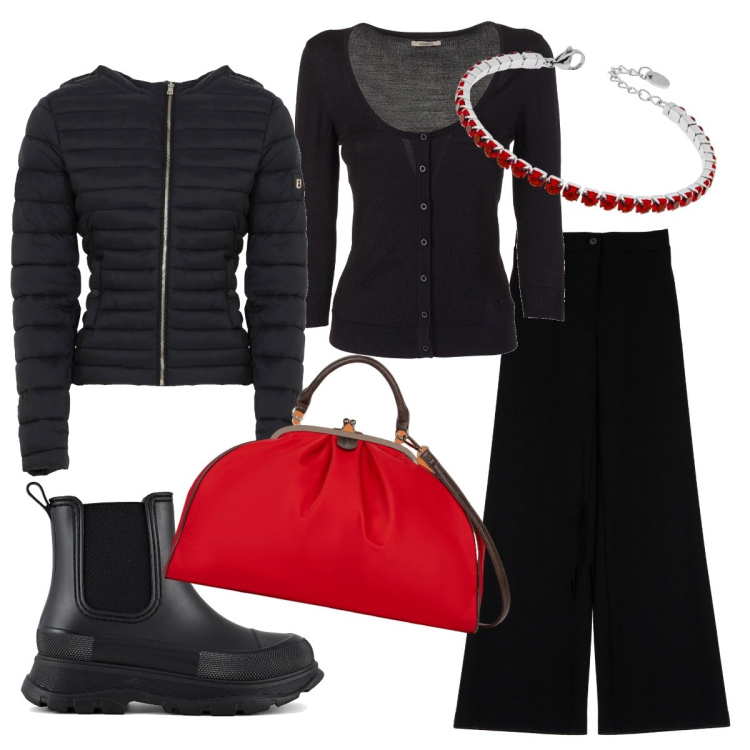 Outfit donna - Nero per una cena. Stile Minimal per Serata fuori. Abbinamento con cardigans, piumini, pantaloni, braccialetti, stivali, borse a spalla.