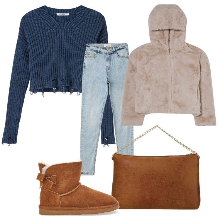 Outfit donna - Bantoa best shop. Stile Casual chic per Tutti i giorni. Abbinamento con maglieria, jeans skinny, blazer, pochette, stivaletti.