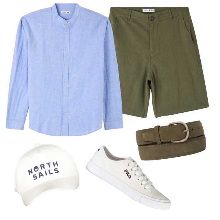 Outfit uomo - Summer abroad. Stile Casual per Tutti i giorni. Abbinamento con camicie, shorts, cinture, cappelli con visiera, sneakers.