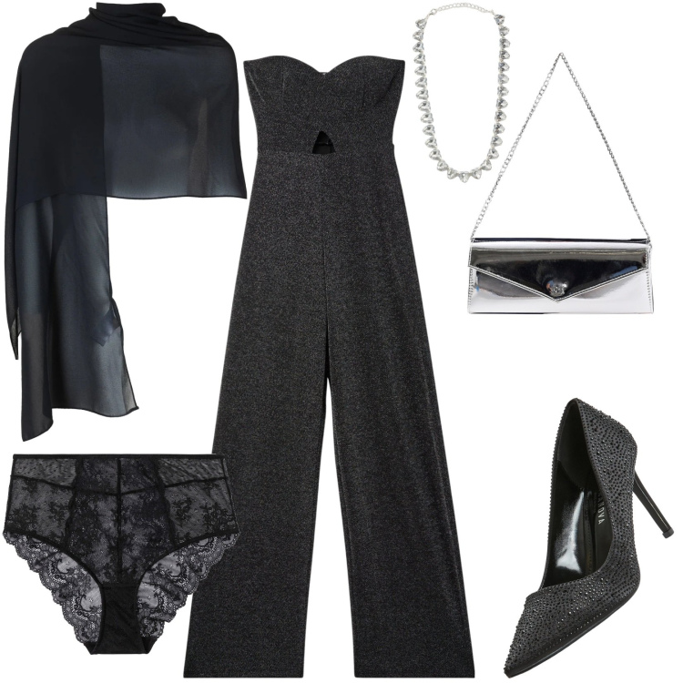 Outfit donna - Total look #2010900. Stile Glamour per Serata fuori. Abbinamento con culotte, décolleté, collane, tute, pochette, stole.