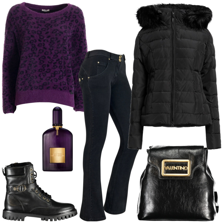 Outfit donna - Viola animalier. Stile Basic per Tutti i giorni. Abbinamento con piumini, profumi, maglieria, jeans bootcut, stivali, zaini.
