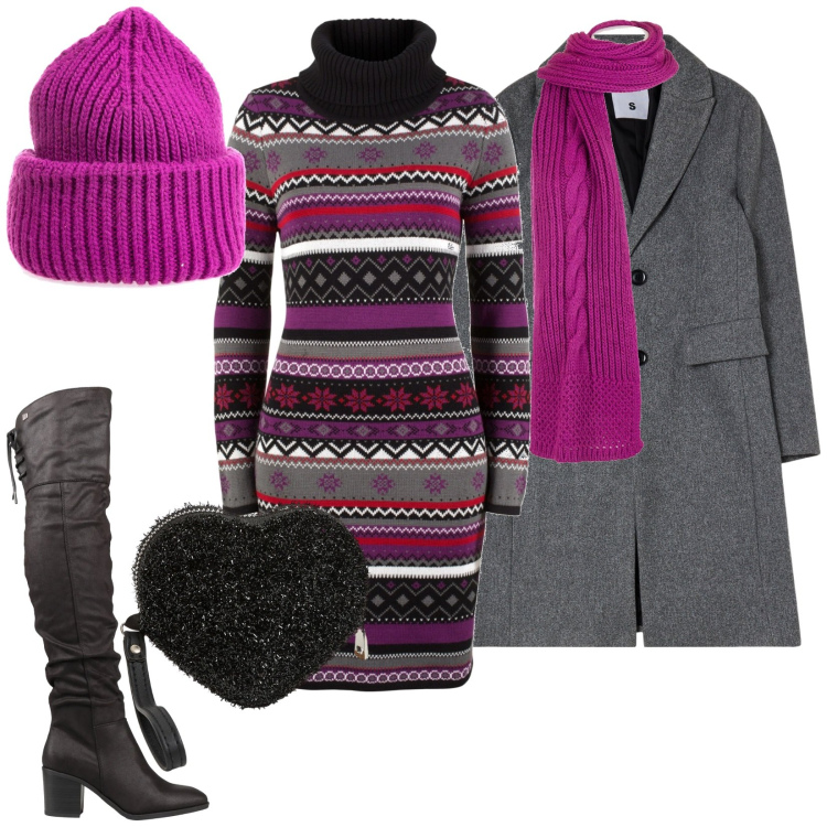 Outfit donna - Total look #2010908. Stile Casual per Tutti i giorni. Abbinamento con vestiti, stivali, portafogli, cappotti, berretti, sciarpe.