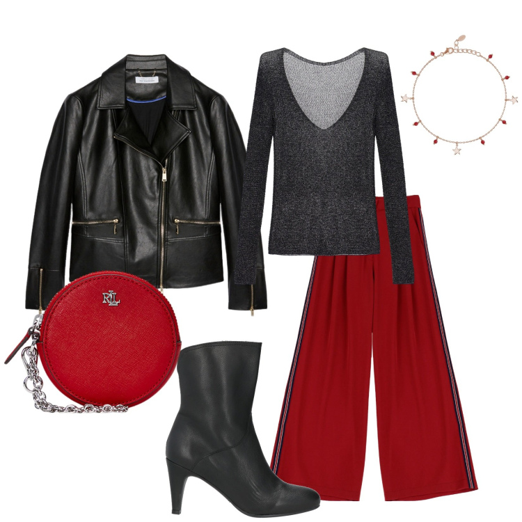 Outfit donna - Rosso con grinta. Stile Rock per Serata fuori. Abbinamento con stivaletti, braccialetti con ciondoli, pullovers, pantaloni, pochette, blazer.