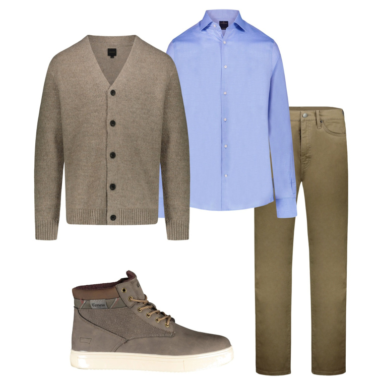 Outfit uomo - In ufficio. Stile Business/Elegante per Ufficio. Abbinamento con pantaloni, camicie, cardigans, stivali.