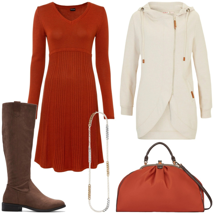 Outfit donna - Total look #2010929. Stile Casual per Tutti i giorni. Abbinamento con stivali, vestiti, blazer, borse a spalla, collane.