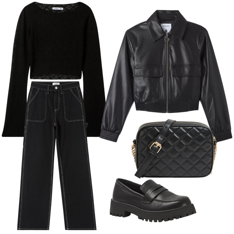 Outfit donna - Total black. Stile Rock per Tutti i giorni. Abbinamento con pantaloni, bomber, t-shirt, borse a tracolla, mocassini.
