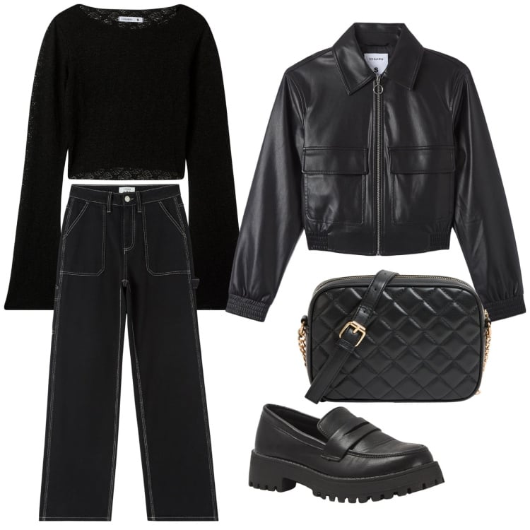 Outfit donna - Total black. Stile Rock per Tutti i giorni. Abbinamento con t-shirt, borse a tracolla, pantaloni, bomber, mocassini.