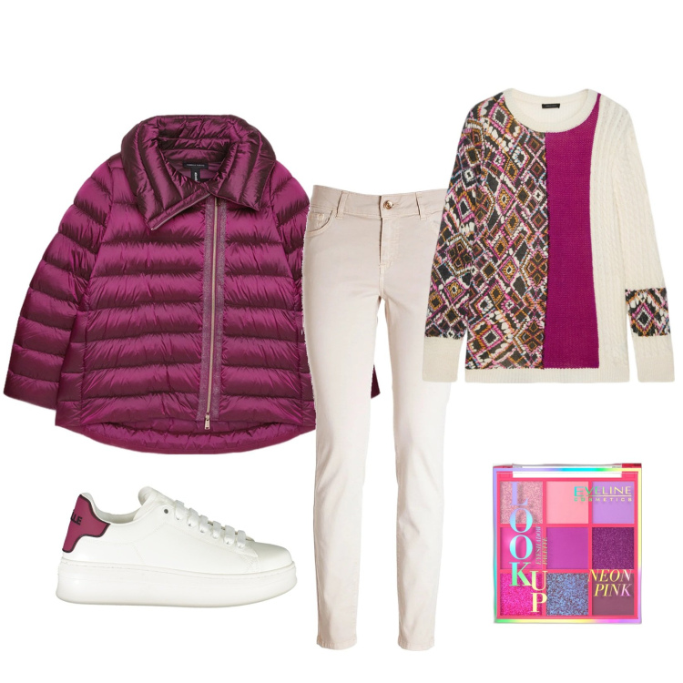 Outfit donna - Fucsia che passione. Stile Sporty chic per Tutti i giorni. Abbinamento con ombretti, jeans skinny, maglieria, piumini, sneakers.